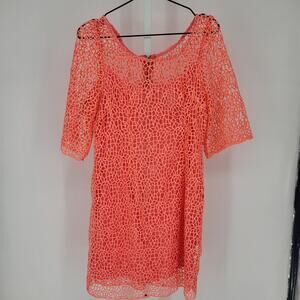 Daisy Womens Sz L Above Knee Short Sleeve Crochet Dress Coral Pink Boho